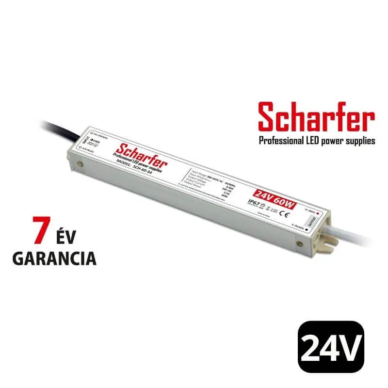 Scharfer vízálló LED tápegység 60W 24V IP67 7 év garanciával Szuper ajánlat