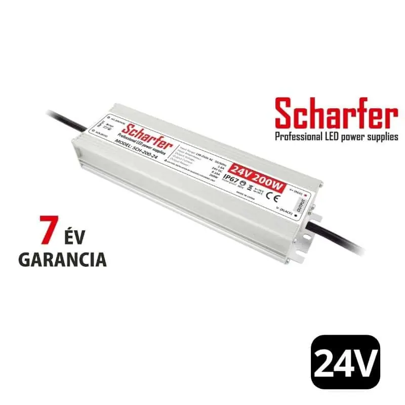 Scharfer vízálló LED tápegység 200W 24V IP67 7 év garanciával Rendeld meg most