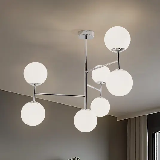 Korek mennyezeti lámpa, króm/fehér, üveg, 75 cm, 7 izzós, E14 Szuper ajánlat