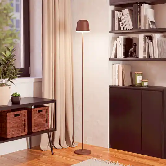 Vásárlói kedvenc Mannera-L LED-es, akkumulátoros teraszos lámpa, rozsdabarna, magasság 140 cm