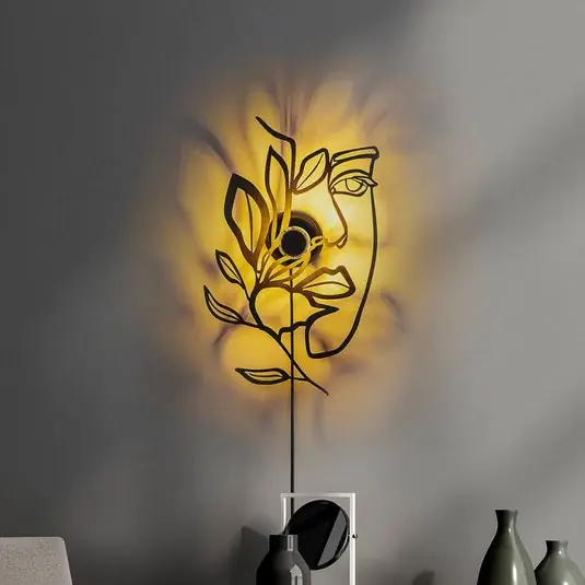 Kedvezményes ár Fali lámpa Flower Faced, fekete, fém, 54 x 34 cm, dugasz