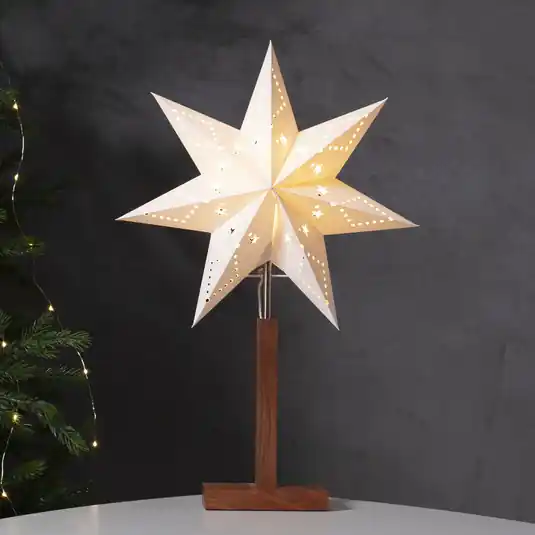 Karo asztali világítás, fehér, 55 cm, papír, akácfa, csillag Olcsó