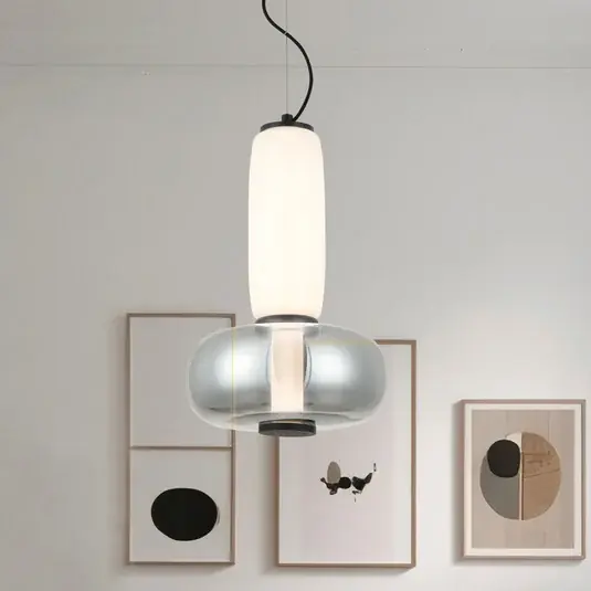 Alacsony ár LED lógó lámpa Avery, füstszürke/fehér, Ø 32 cm, üveg