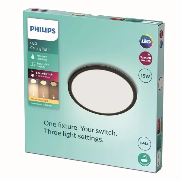 Expressz kézbesítés Philips 8719514327207 LED mennyezeti lámpa Super Slim 1x15W 1300lm 2700K IP44 - EyeComfort, fekete