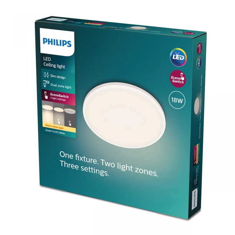 Árengedmény Philips 8719514431904 LED mennyezeti lámpa Ozziet 1x18W 1800lm 2700K - szabályozható - SceneSwitch, fehér